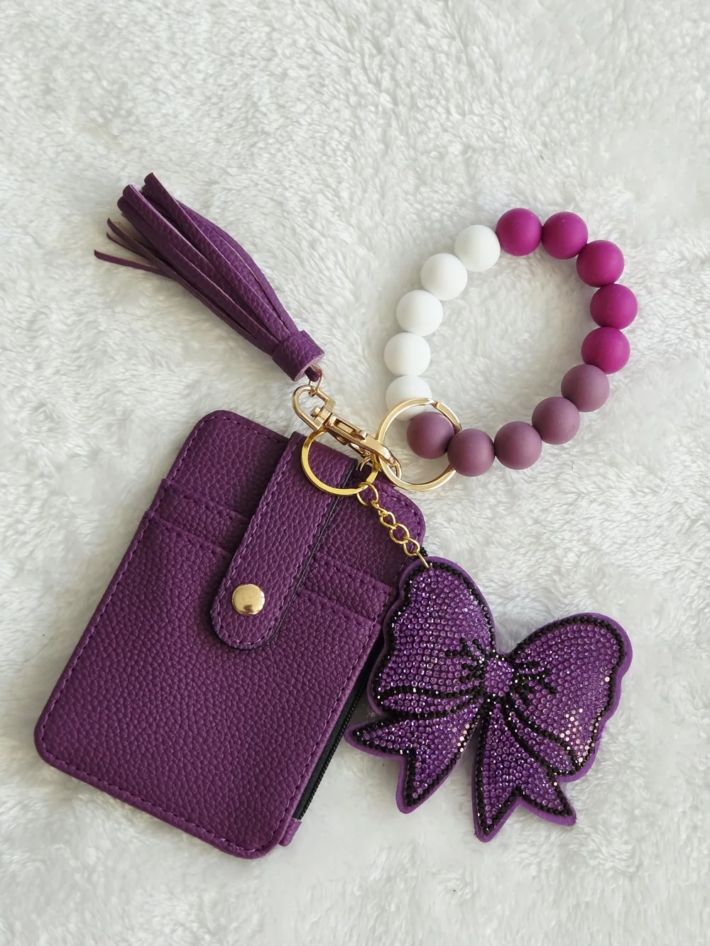Purple Wristlet Keychain Card Holder with Bow Charm
